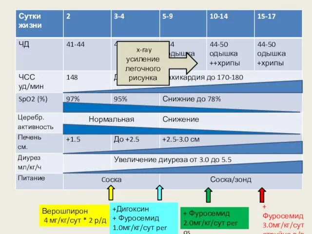 Верошпирон 4 мг/кг/сут * 2 р/д +Дигоксин + Фуросемид 1.0мг/кг/сут per