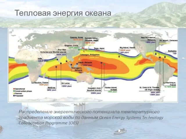 Тепловая энергия океана Распределение энергетического потенциала температурного градиента морской воды по