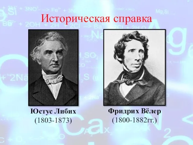 Историческая справка Юстус Либих (1803-1873) Фридрих Вёлер (1800-1882гг.)