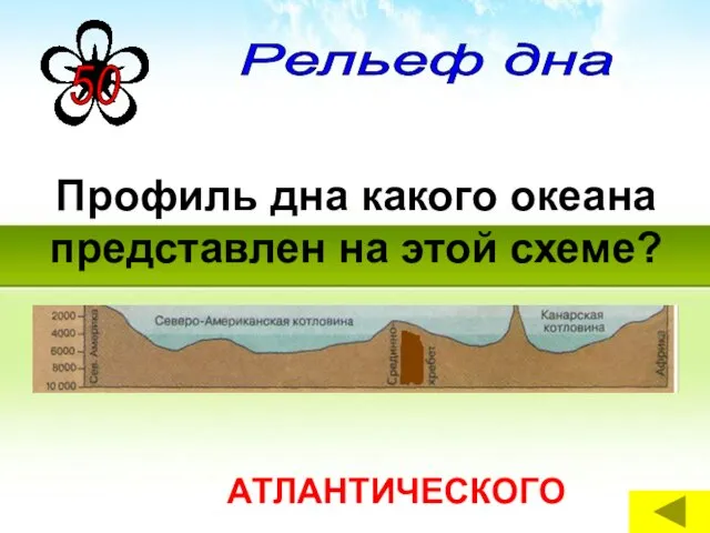 Профиль дна какого океана представлен на этой схеме? АТЛАНТИЧЕСКОГО Рельеф дна