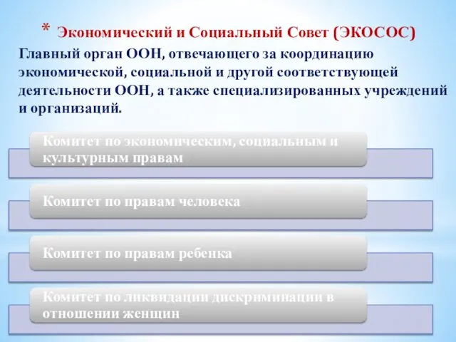 Экономический и Социальный Совет (ЭКОСОС) Главный орган ООН, отвечающего за координацию