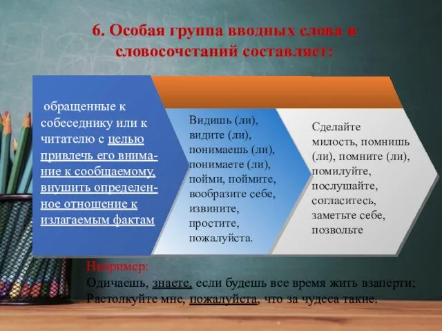 6. Особая группа вводных слова и словосочетаний составляет: Например: Одичаешь, знаете,