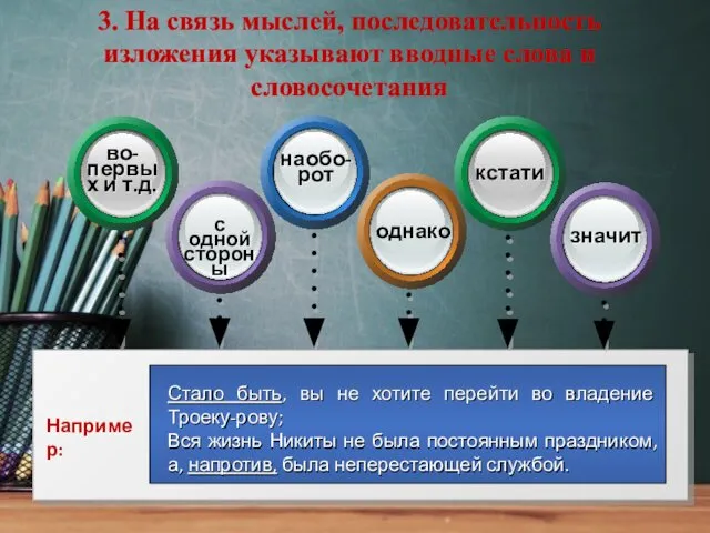 3. На связь мыслей, последовательность изложения указывают вводные слова и словосочетания