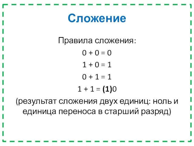 Сложение Правила сложения: 0 + 0 = 0 1 + 0