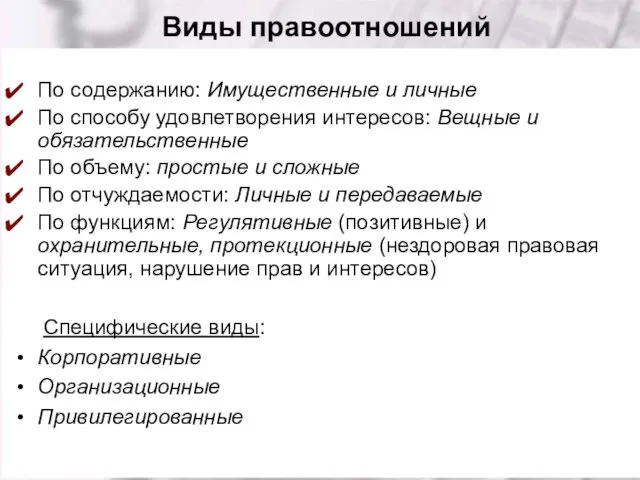 Виды правоотношений По содержанию: Имущественные и личные По способу удовлетворения интересов: