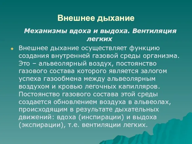 Внешнее дыхание Механизмы вдоха и выдоха. Вентиляция легких Внешнее дыхание осуществляет