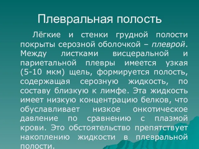 Плевральная полость Лёгкие и стенки грудной полости покрыты серозной оболочкой –