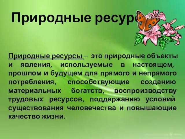 Природные ресурсы Природные ресурсы – это природные объекты и явления, используемые