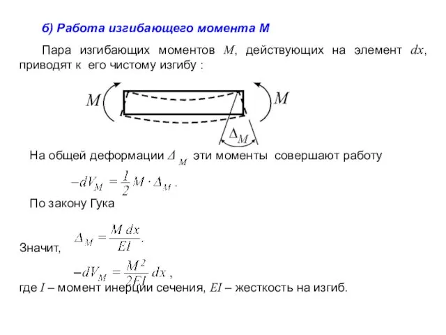 б) Работа изгибающего момента M Пара изгибающих моментов M, действующих на