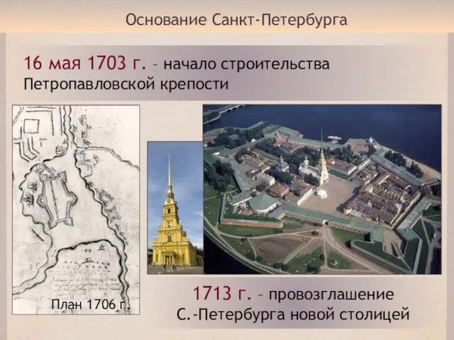 Основание Санкт-Петербурга 16 мая 1703 г. – начало строительства Петропавловской крепости