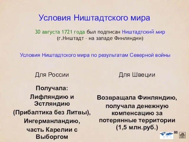 Условия Ништадтского мира 30 августа 1721 года был подписан Ништадтский мир (г.Ништадт – на западе Финляндии)