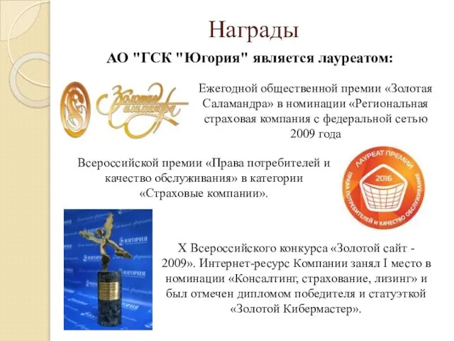 Награды АО "ГСК "Югория" является лауреатом: Всероссийской премии «Права потребителей и