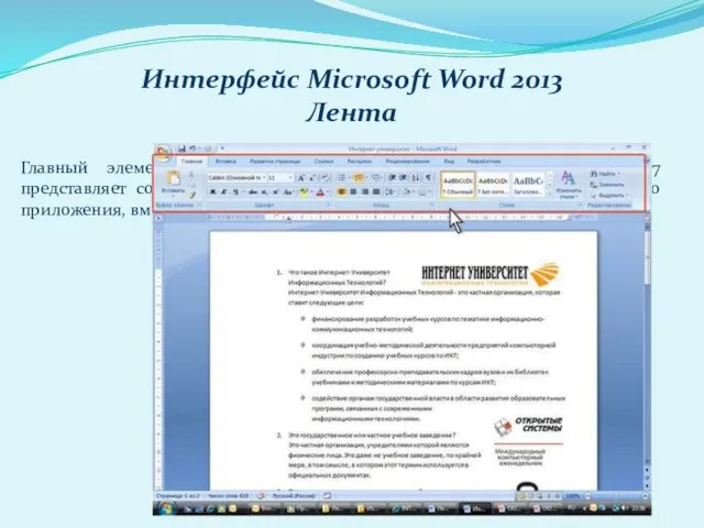 Интерфейс Microsoft Word 2013 Лента Главный элемент пользовательского интерфейса Microsoft Word