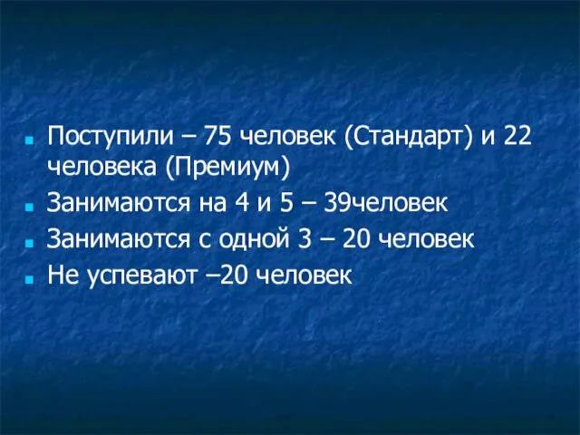 Поступили – 75 человек (Стандарт) и 22 человека (Премиум) Занимаются на