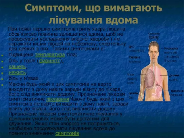 Симптоми, що вимагають лікування вдома При появі перших симптомів грипу хвора