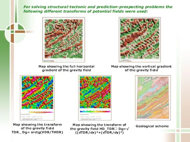 For solving structural-tectonic and prediction-prospecting problems the following different transforms of