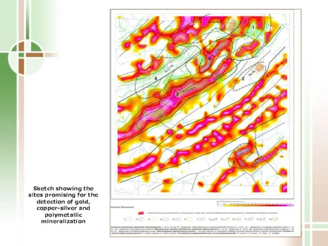 Sketch showing the sites promising for the detection of gold, copper-silver and polymetallic mineralization