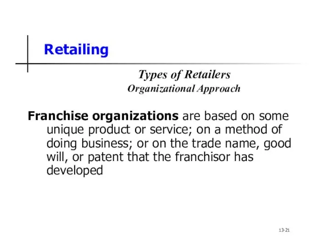 Retailing Franchise organizations are based on some unique product or service;