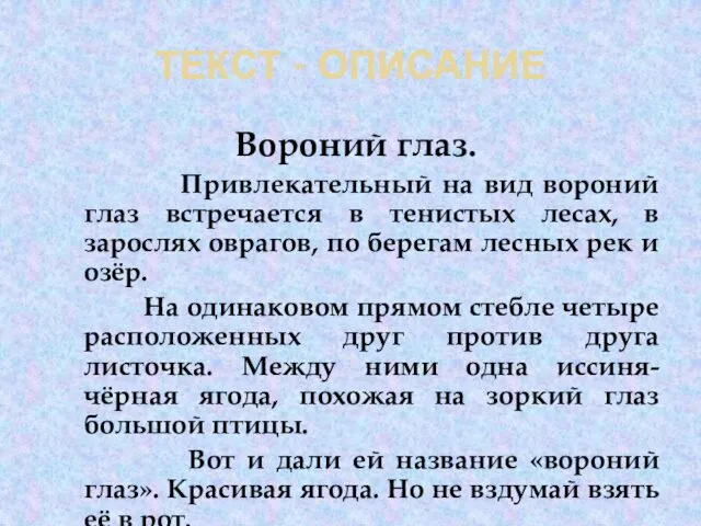 ТЕКСТ - ОПИСАНИЕ Вороний глаз. Привлекательный на вид вороний глаз встречается