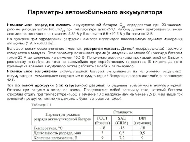 Параметры автомобильного аккумулятора Номинальная разрядная емкость аккумуляторной батареи C20 определяется при