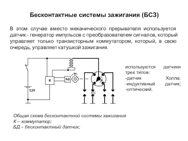 Бесконтактные системы зажигания (БСЗ) В этом случае вместо механического прерывателя используется