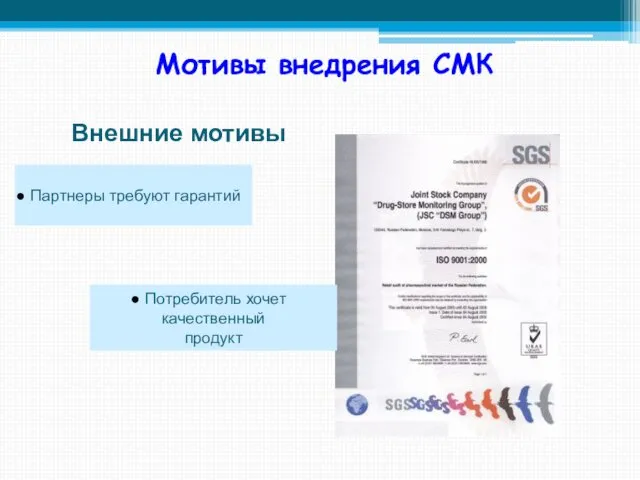 Мотивы внедрения СМК Внешние мотивы Партнеры требуют гарантий Потребитель хочет качественный продукт