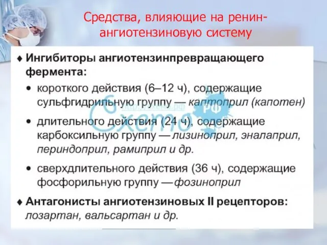 Средства, влияющие на ренин-ангиотензиновую систему ангиотензиноген Ангиотензин - 1 АПФ Ангиотензин