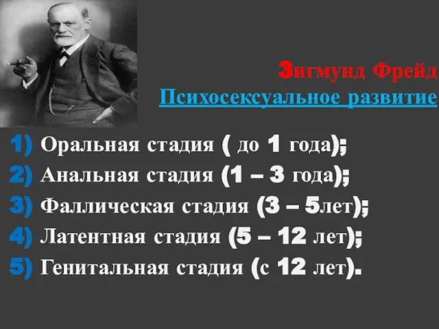 3игмунд Фрейд Психосексуальное развитие 1) Оральная стадия ( до 1 года);