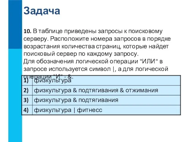 10. В таблице приведены запросы к поисковому серверу. Расположите номера запросов