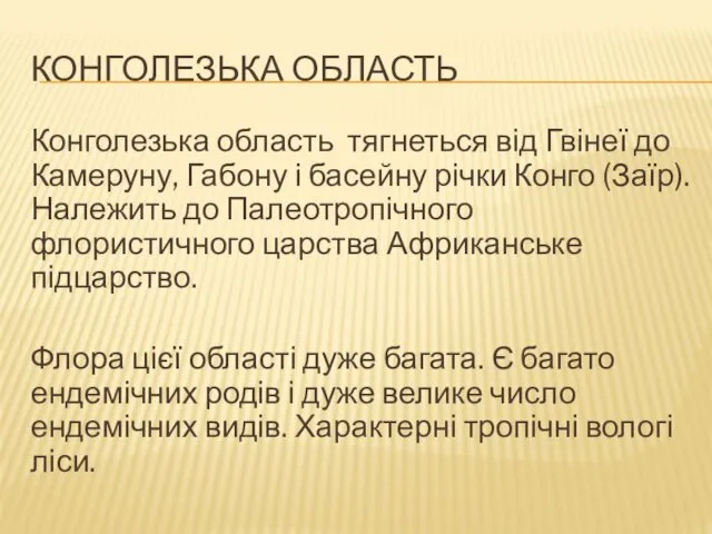 КОНГОЛЕЗЬКА ОБЛАСТЬ Конголезька область тягнеться від Гвінеї до Камеруну, Габону і