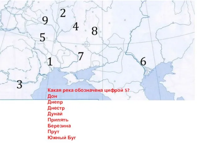 Какая река обозначена цифрой 5? Дон Днепр Днестр Дунай Припять Березина Прут Южный Буг