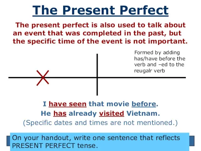 The Present Perfect The present perfect is also used to talk