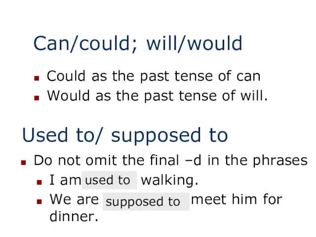 Can/could; will/would Could as the past tense of can Would as