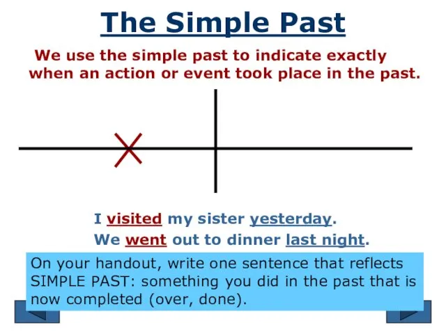 The Simple Past We use the simple past to indicate exactly