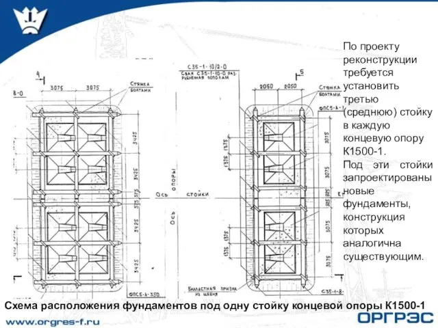 Схема расположения фундаментов под одну стойку концевой опоры К1500-1 По проекту