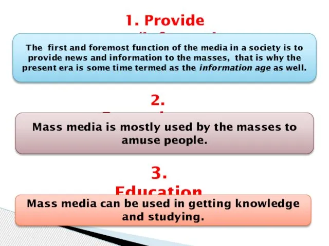 1. Provide news/information The first and foremost function of the media