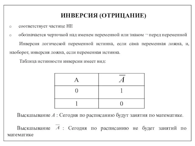 ИНВЕРСИЯ (ОТРИЦАНИЕ) соответствует частице НЕ обозначается черточкой над именем переменной или