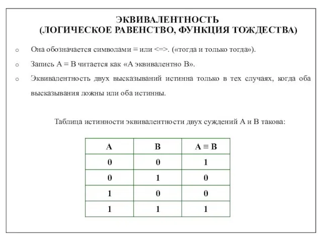 ЭКВИВАЛЕНТНОСТЬ (ЛОГИЧЕСКОЕ РАВЕНСТВО, ФУНКЦИЯ ТОЖДЕСТВА) Она обозначается символами ≡ или .