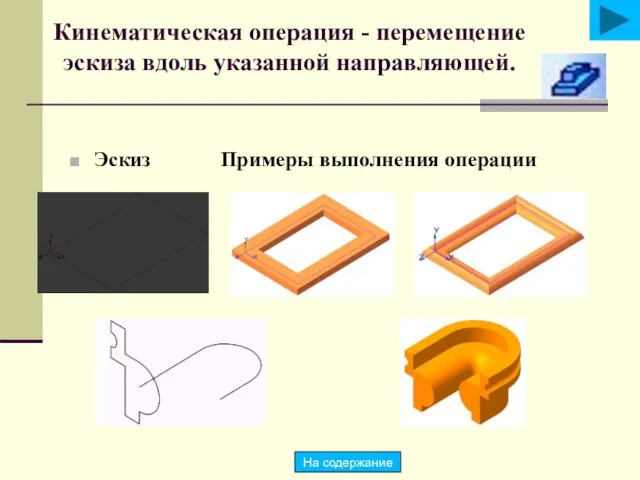 Кинематическая операция - перемещение эскиза вдоль указанной направляющей. Эскиз Примеры выполнения операции На содержание