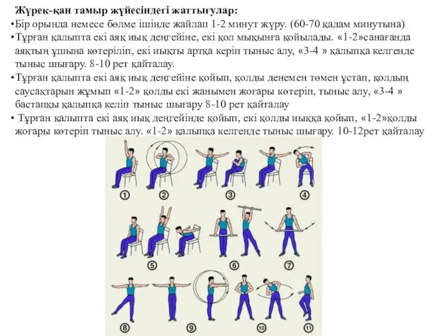Жүрек-қан тамыр жүйесіндегі жаттығулар: Бір орында немесе бөлме ішінде жайлап 1-2
