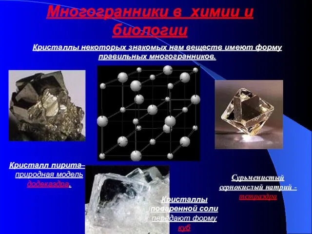 Многогранники в химии и биологии Кристаллы некоторых знакомых нам веществ имеют