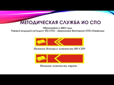 МЕТОДИЧЕСКАЯ СЛУЖБА ИО СПО Нашивка Ведущего методиста ИО СПО Образована в