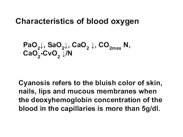 Characteristics of blood oxygen PaO2↓, SaO2↓, CaO2 ↓, CO2max N, CaO2-CvO2