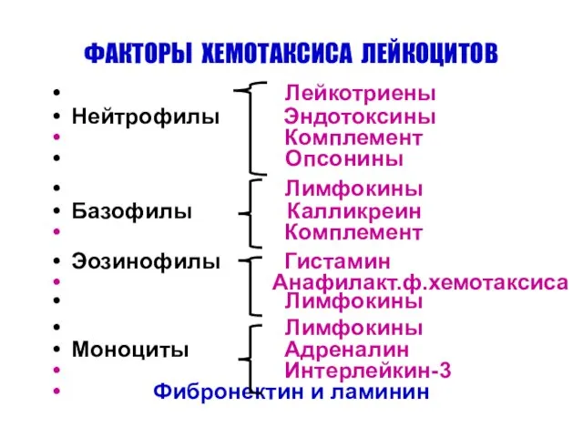 ФАКТОРЫ ХЕМОТАКСИСА ЛЕЙКОЦИТОВ Лейкотриены Нейтрофилы Эндотоксины Комплемент Опсонины Лимфокины Базофилы Калликреин