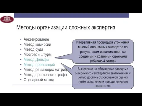 Методы организации сложных экспертиз Анкетирование Метод комиссий Метод суда Мозговой штурм