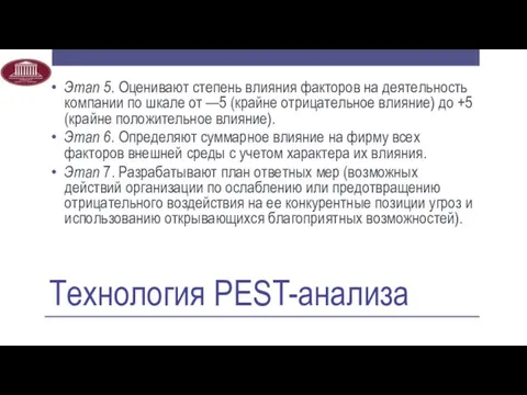 Технология PEST-анализа Этап 5. Оценивают степень влияния факторов на деятельность компании