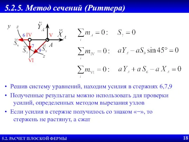 ПРИМЕР РАСЧЕТА ФЕРМЫ 5.2.5. Метод сечений (Риттера) 6 7 9 A