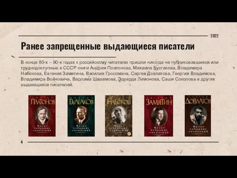 Ранее запрещенные выдающиеся писатели В конце 80-х – 90-х годах к