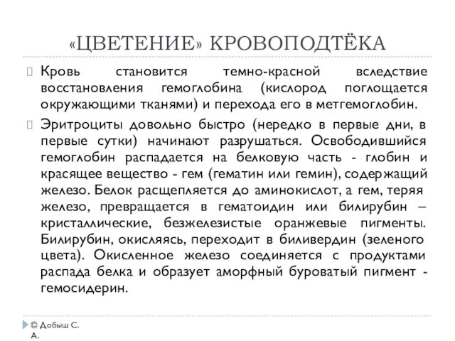 «ЦВЕТЕНИЕ» КРОВОПОДТЁКА Кровь становится темно-красной вследствие восстановления гемоглобина (кислород поглощается окружающими