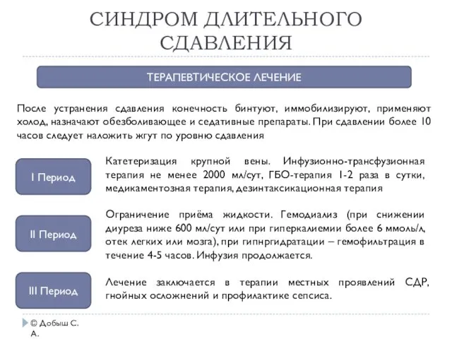 СИНДРОМ ДЛИТЕЛЬНОГО СДАВЛЕНИЯ © Добыш С.А. ТЕРАПЕВТИЧЕСКОЕ ЛЕЧЕНИЕ I Период II